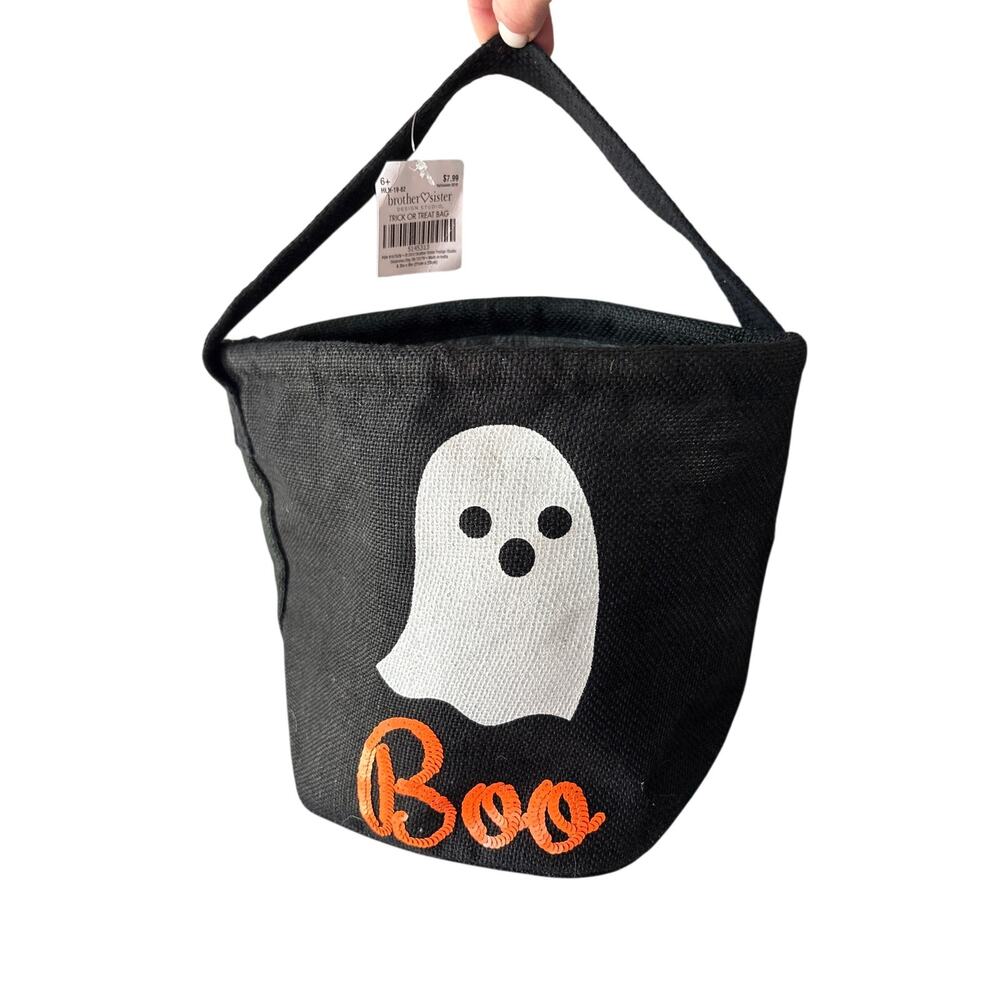 Halloween Ghost Boo Trick or Treat Bag Black Orange Fabric Candy Bucket
